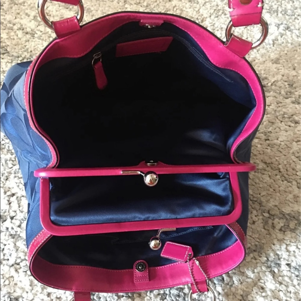 Coach Navy Signature Tote with Hot Pink Trim - Picture 4 of 16